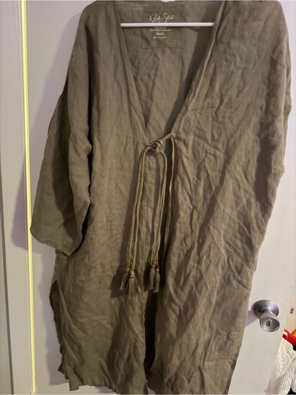 Kyla Sea Olive Linen Tie-Front Coverup hand embroidered